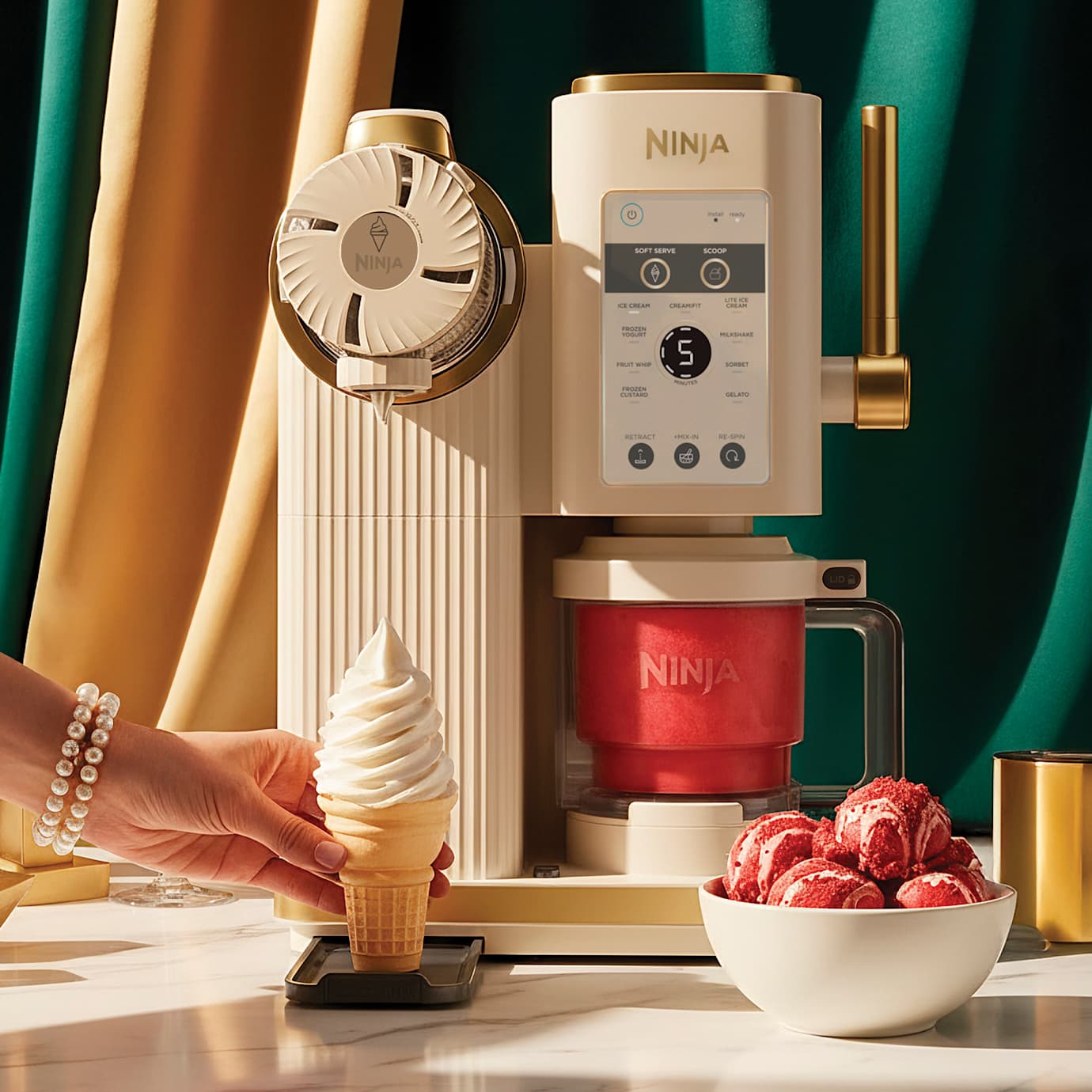 Ninja CREAMi Scoop & Swirl Soft Serve Ice Cream Machine in Stone & Gold - Image 2