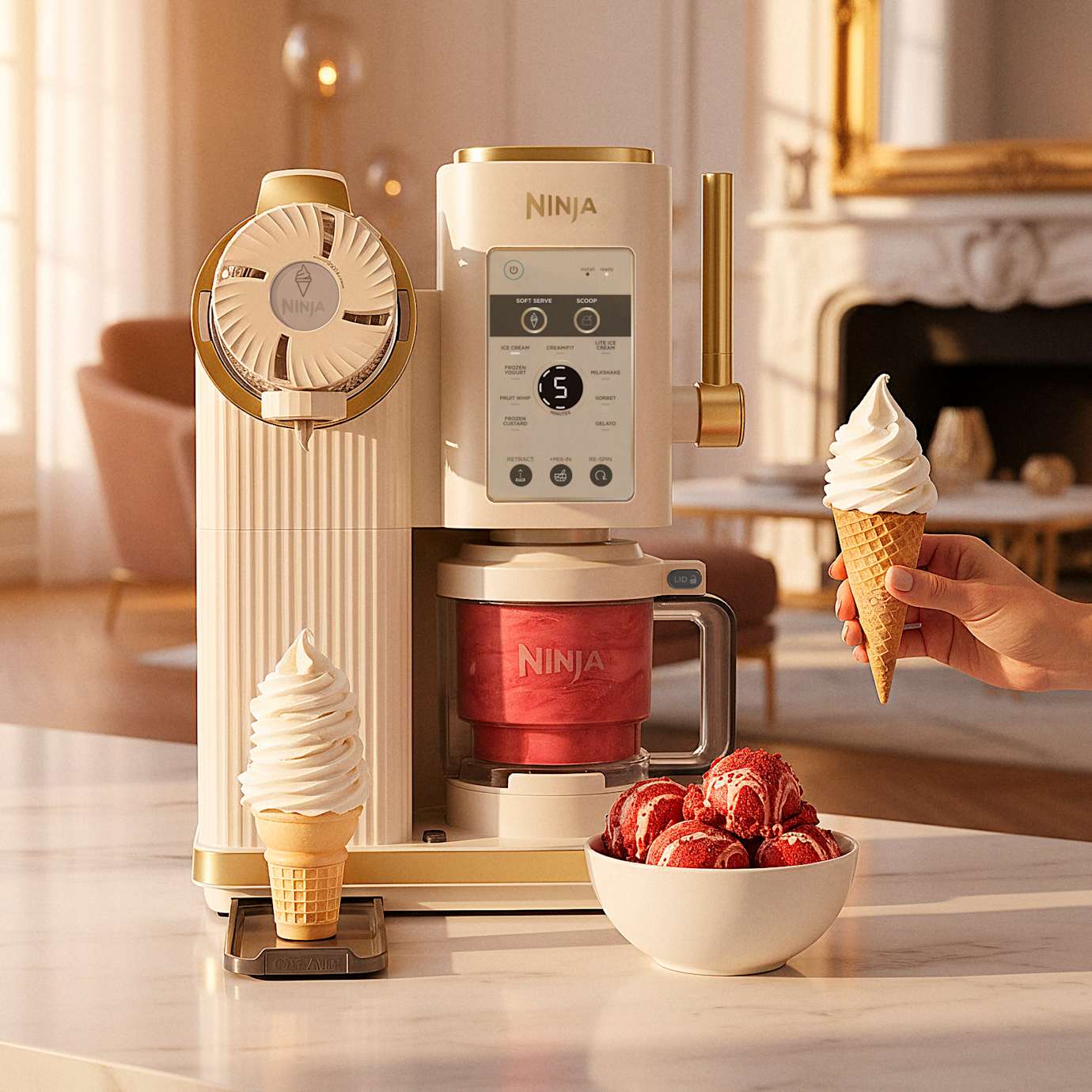 Ninja CREAMi Scoop & Swirl Soft Serve Ice Cream Machine in Stone & Gold - Image 3